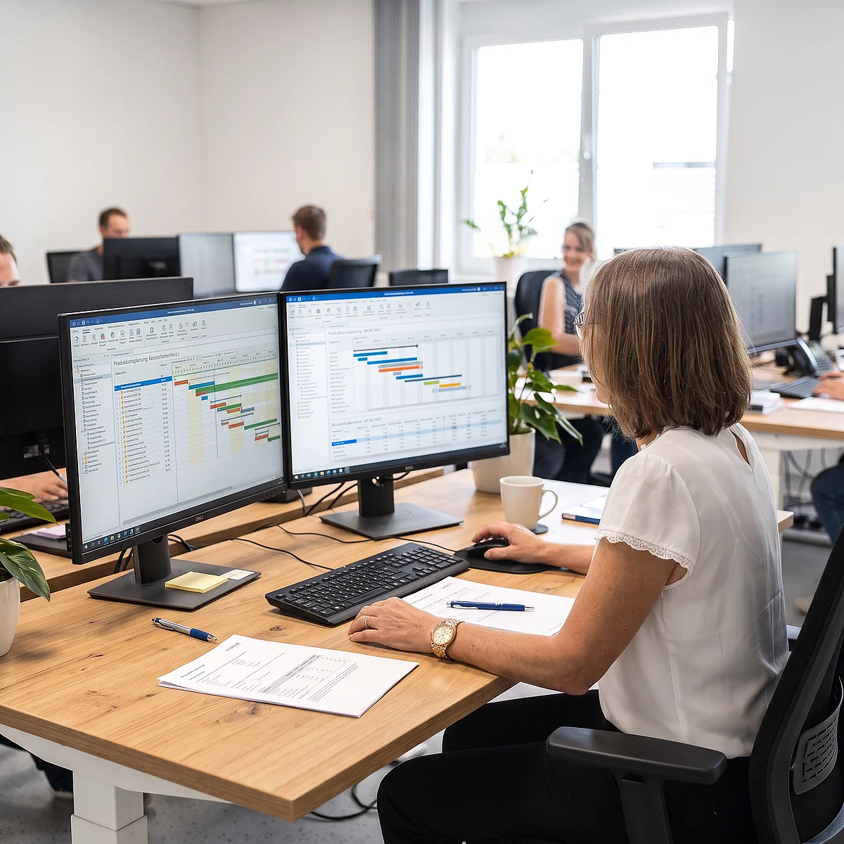Mitarbeiterin bei der digitalen Auftrags- und Materialplanung am Arbeitsplatz