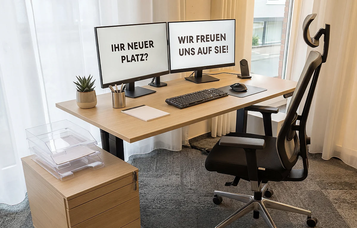 Frei stehender Doppelmonitor-Arbeitsplatz der GFAG in hellem Design: Auf den Monitoren ist eine Begrüßung für potenzielle Bewerber („Ihr neuer Platz? Wir freuen uns auf Sie!“) zu sehen. Der Schreibtisch ist mit Tastatur, Maus, einer kleinen Pflanze und einem Notizblock ausgestattet.
