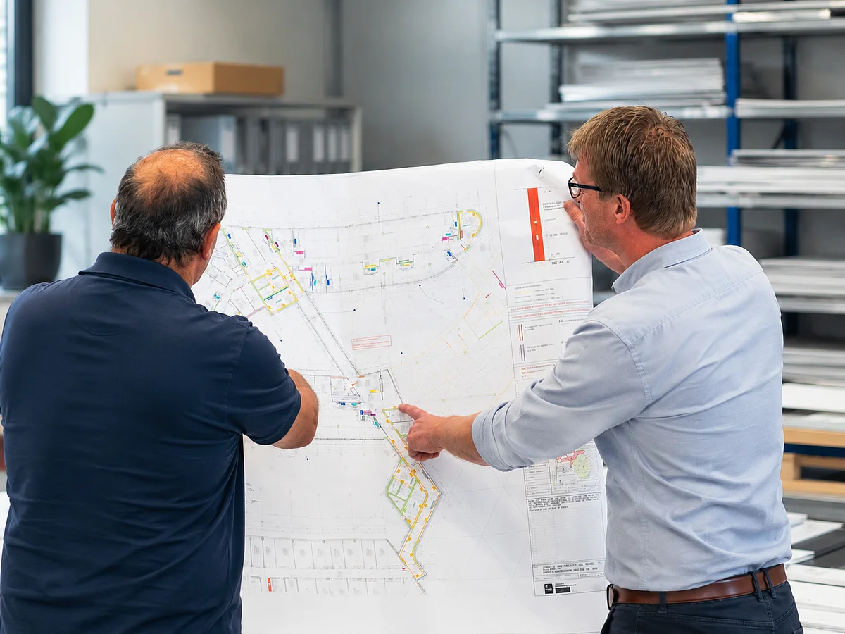 Technische Projektierung bei der GFAG: Zwei Mitarbeiter analysieren von hinten einen großformatigen Verlegeplan für Akustikmaterialien. Im Hintergrund der Fertigungshalle sind Regalsysteme mit Mustern und Plattenwerkstoffen zu sehen.