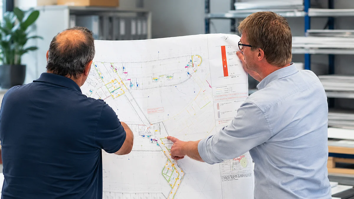 Technische Projektierung bei der GFAG: Zwei Mitarbeiter analysieren von hinten einen großformatigen Verlegeplan für Akustikmaterialien. Im Hintergrund der Fertigungshalle sind Regalsysteme mit Mustern und Plattenwerkstoffen zu sehen.