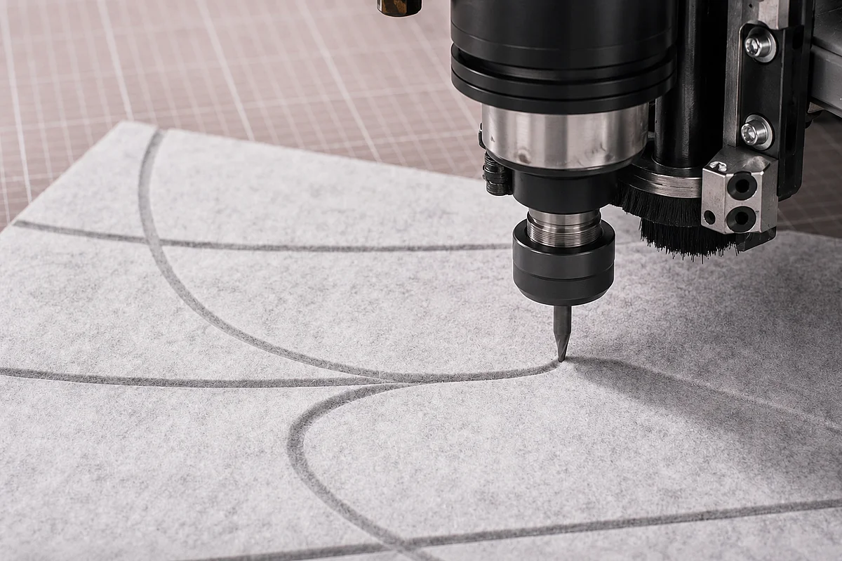 CNC-Fräse beim präzisen Einfräsen eines geschwungenen Musters in ein graues PET-Akustikpaneel. Die Nahaufnahme zeigt die strukturierte Materialoberfläche sowie die saubere Bearbeitung des Paneels für individuelle akustische Gestaltungslösungen.